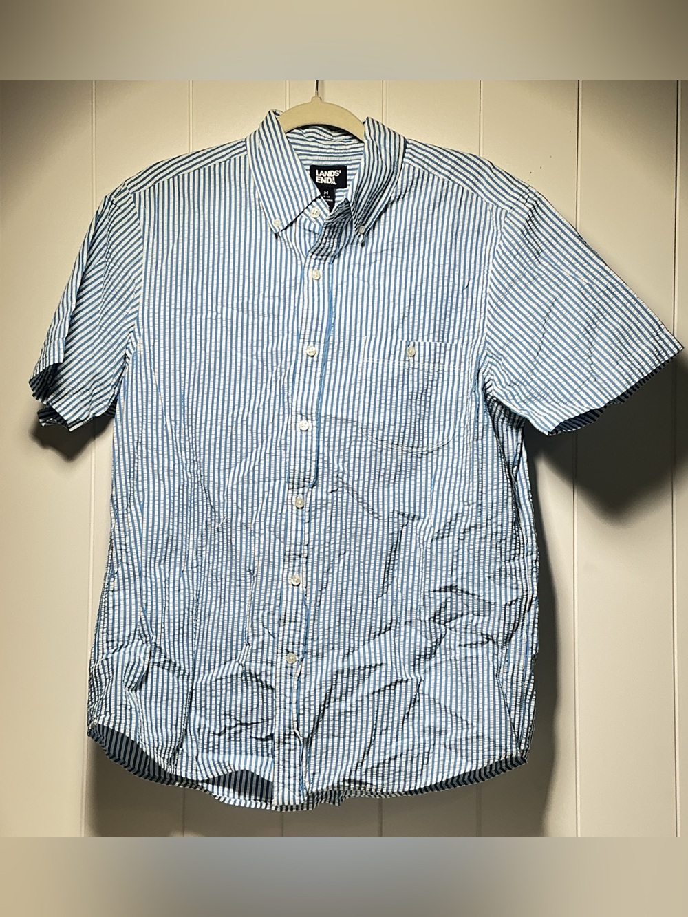 Lands End Shirt Short Sleeve Striped Seersucker Traditional Fit Mens Size Medium